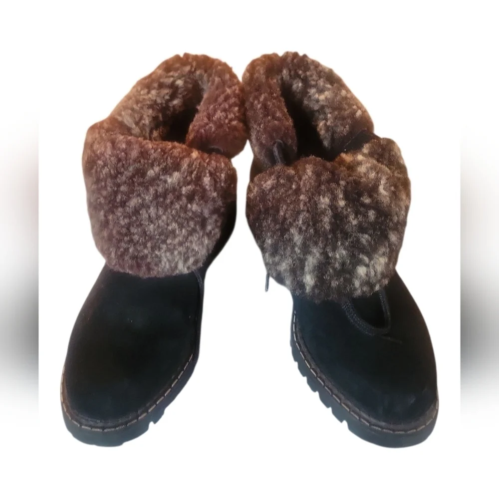 Sorel Women's Black Suede Cuff Over Faux Fur Lined Winter Ankle Bootie Boots 7M